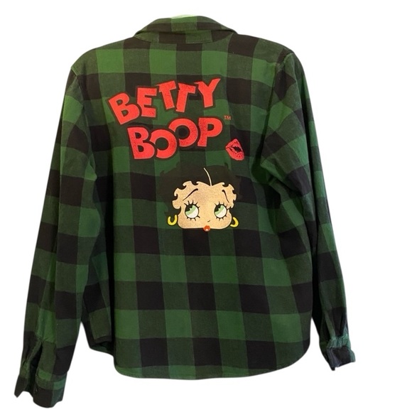 Betty Boop Tops - Betty Boop Green Black Buffalo Plaid Button Up Long Sleeve Flannel Sz M